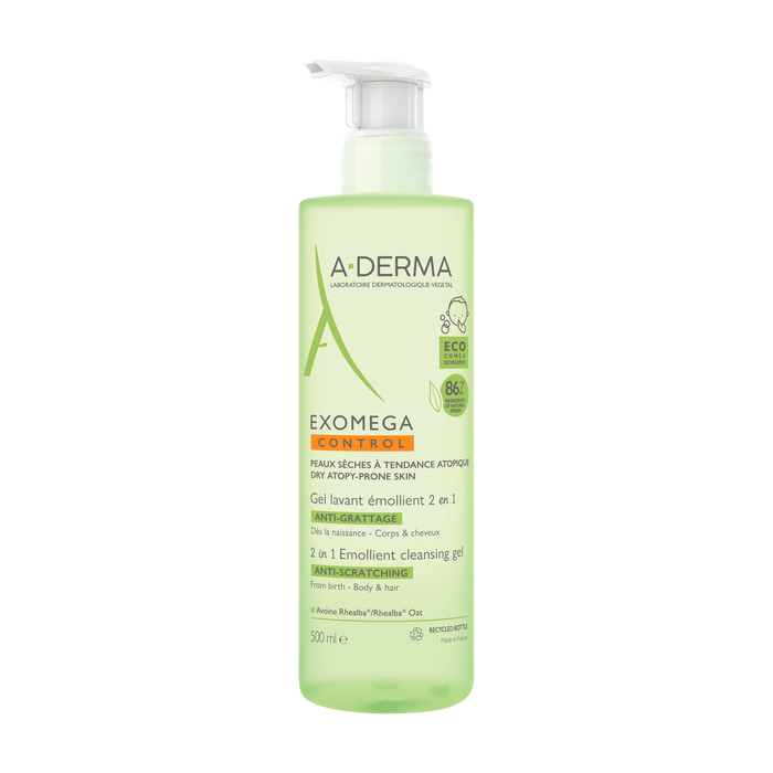 A-Derma Exomega Control Cleansing Gel for Body and Hair, Dry to Atopic Skin, 500mL