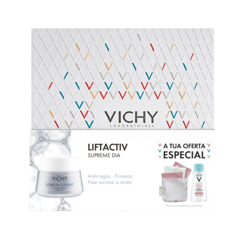 Vichy Coffret Liftactiv Supreme Creme Pele Normal a Mista + Pureté Thermale Água Micelar Pele Sensível + Discos Desmaquilhantes Reutilizáveis