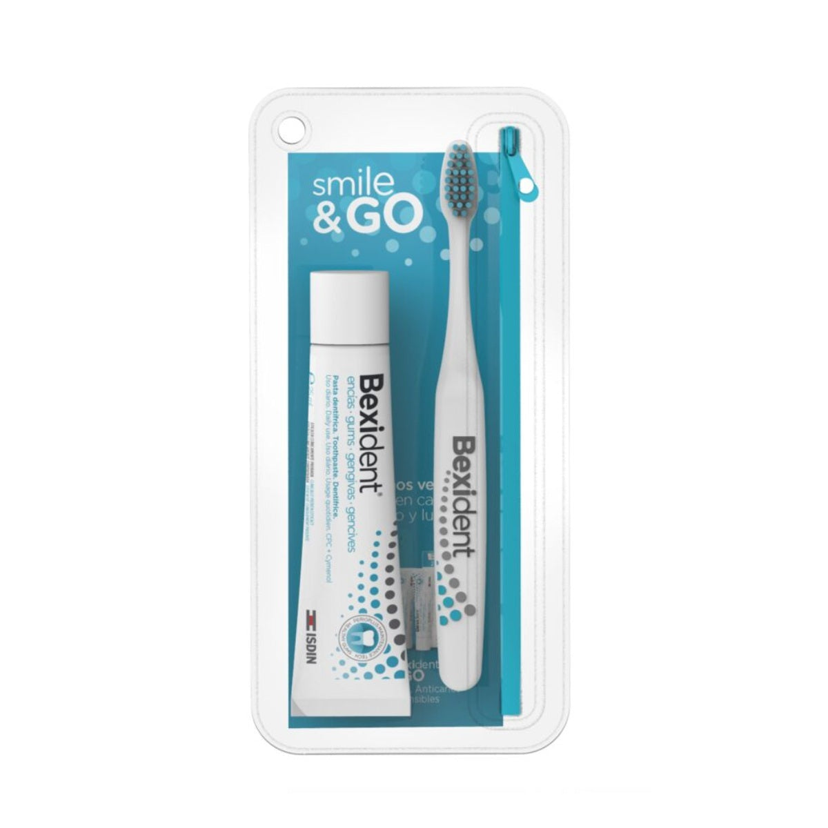 Isdin Bexident Gums Daily Use Smile&Go 25ML - Travel kit containing toothpaste and toothbrush.