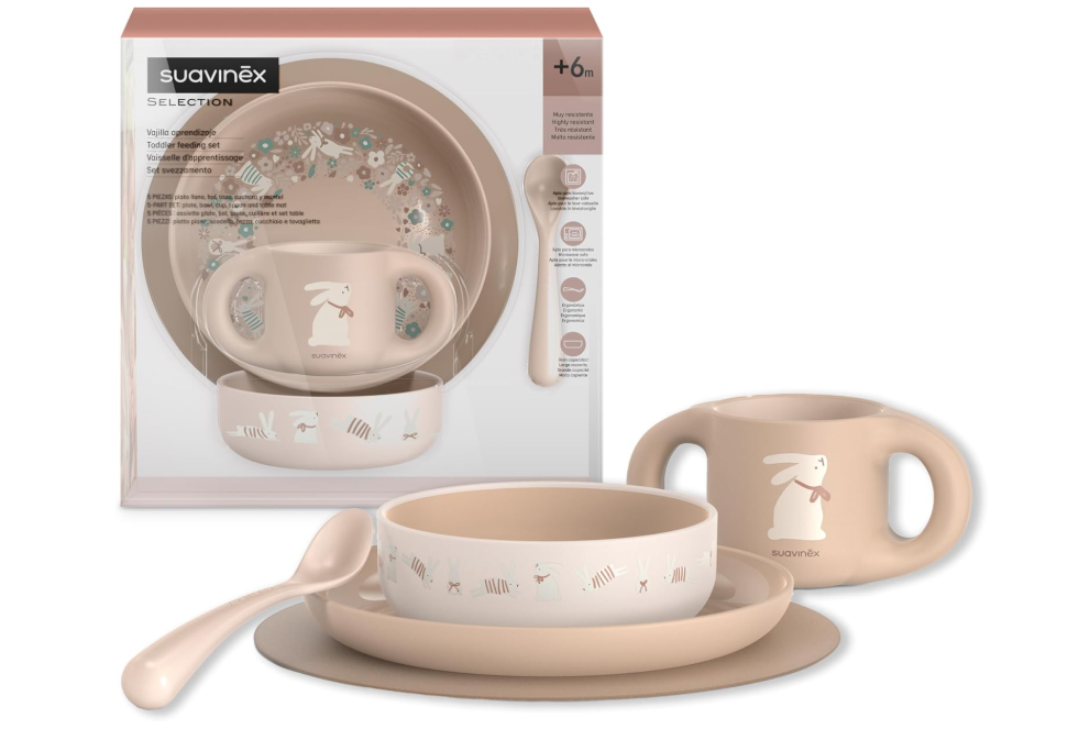 Suavinex Combinado Feeding Rosa Prato + Tigela grande + Copo com asas + Colher + Base antiderrapante 6M+
