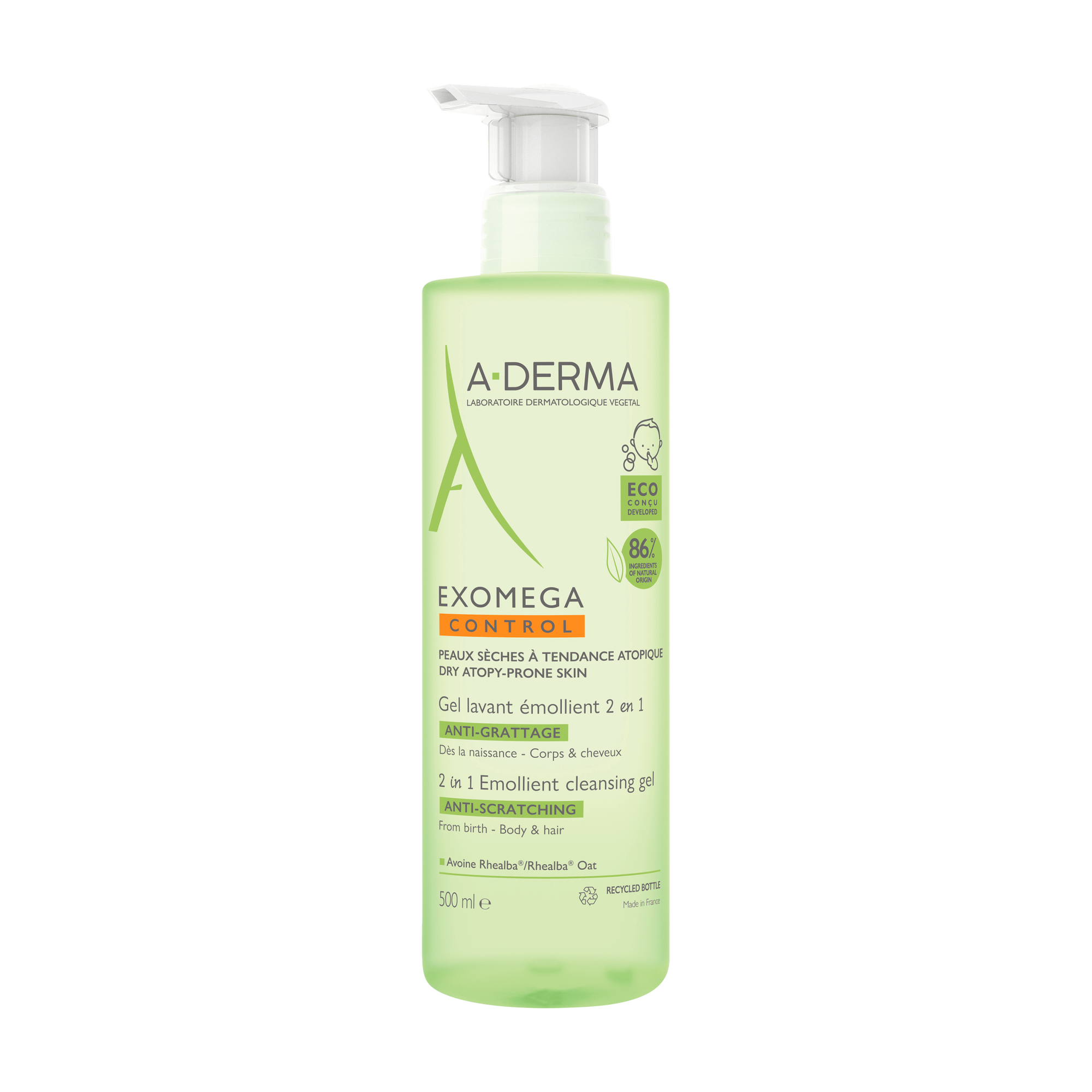 A-Derma Exomega Control Cleansing Gel for Body and Hair, Dry to Atopic Skin, 500mL